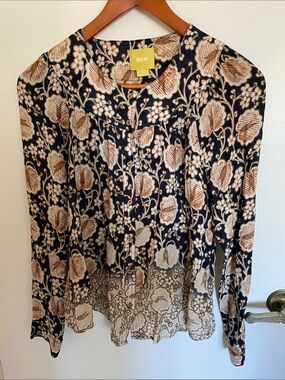 Maeve Navy Floral Button-Down Blouse with Tan and Cream Print